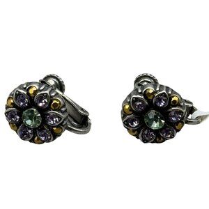 Mariana twist earrings floral handmade crystals purple green silver tone E-1401